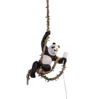 Black and White Panda Pendant Light Fixture Artistic 1 Head Resin Ceiling Hang Lamp with Hemp Rope