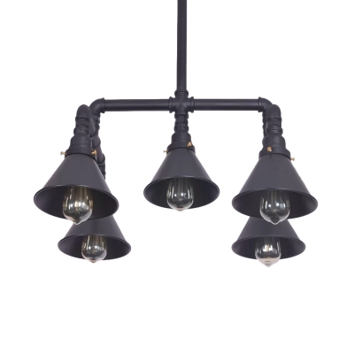 Black/Copper Conical Shade Ceiling Light Industrial Metal 5 Bulbs Living Room Chandelier with Pipe Design