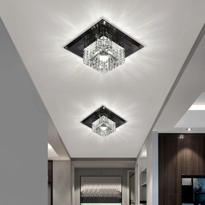 Black/Tan Square LED Flush Mount Lamp Simplicity Clear Crystal Close to Ceiling Light in Warm/White Light