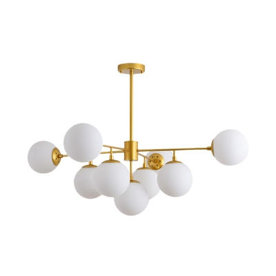 Branched Hanging Pendant Light Postmodern Cream Ball Glass 9/11-Head Black/Gold Chandelier for Guest Room