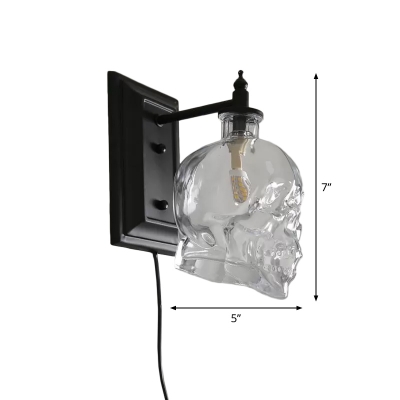 Clear Glass Skull Wall Lamp Fixture Art Deco 1 Head Black Sconce Light for Living Room