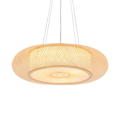 Curved Drum Corridor Hanging Lamp Bamboo 1 Bulb Asian Ceiling Pendant with Inner Shade in Beige, 18