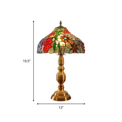 Cut Glass Bowl Shaped Night Lamp Tiffany Style 1-Light Brass Finish Petal Patterned Table Lighting with Pull Chain