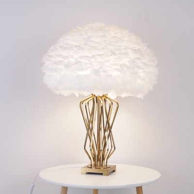 Dome Bedside Table Light Feather 1 Head Postmodern Nightstand Lamp with Geometric Base in Brass-White