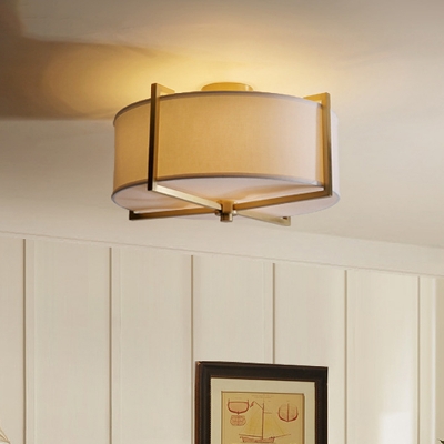 Fabric White Semi Flush Ceiling Light Round/Square 5-Bulb Traditional Flush Mount Lighting with Brass Guard