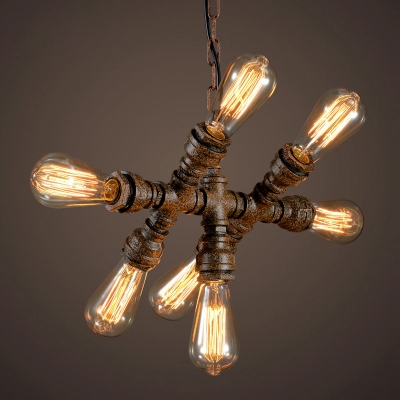 Iron Rust Chandelier Water Pipe 7 Bulbs Loft Style Ceiling Hang Light with Exposed Bulb Design