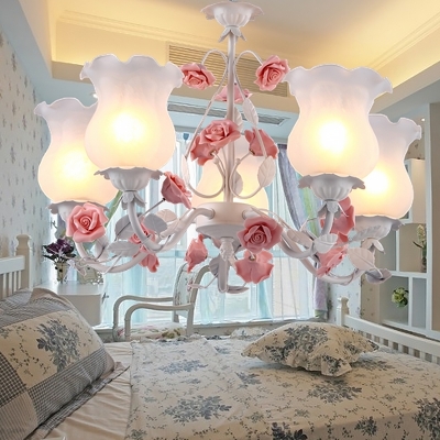 Ivory Glass Floral Up Chandelier Romantic Pastoral 5 Lights Bedroom Hanging Pendant in Pink