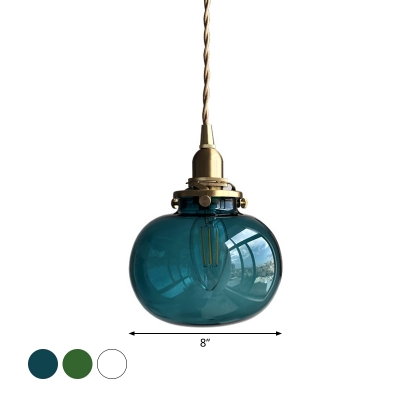 Mid-Century Oval Hanging Light Kit Blue/Clear Carved/Green Glass 1-Light Restaurant Drop Pendant in Brass