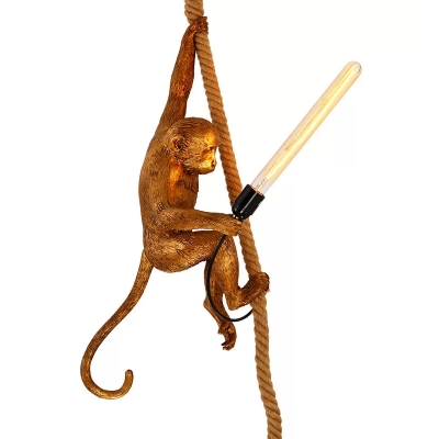 Monkey Boys Bedroom Drop Pendant Resin 1 Bulb Artistry Ceiling Suspension Lamp in Gold with Handmade Hemp Rope