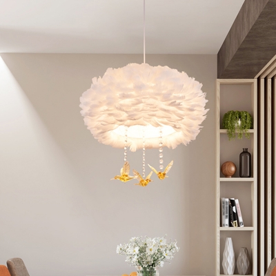 Nordic Style Round Pendant Lamp Feather 5 Bulbs Bedroom Hanging Chandelier in White with Bird Decor, 16