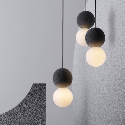 Novelty Simple Mini Snowball Pendant Cement 1-Light Living Room Pendulum Light in Black with Milk Glass Shade