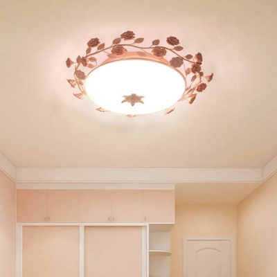Pastoral Bowl Shade Ceiling Light 1 Bulb White Glass Flush Mounted Lamp with Handmade Rose Branch in Pink