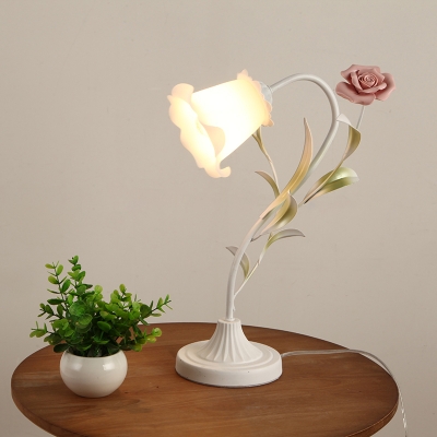 Pink/Red 1-Head Nightstand Lamp Korean Flower Opal Frosted Glass Rose Table Light for Dining Room