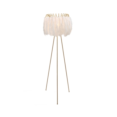 Postmodern Drum Floor Lighting Feather 1 Head Girls Room Tripod Floor Lamp in Gold-White