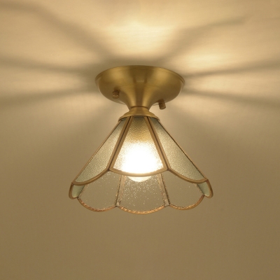 Scalloped Cone Shade Corridor Flush Light Traditional Frosted Glass 1 Bulb Brass Ceiling Mount Lamp