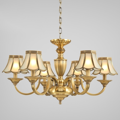 Scalloped Shade Frosted Glass Hanging Light Antique 3/8/10 Bulbs Living Room Chandelier in Brass