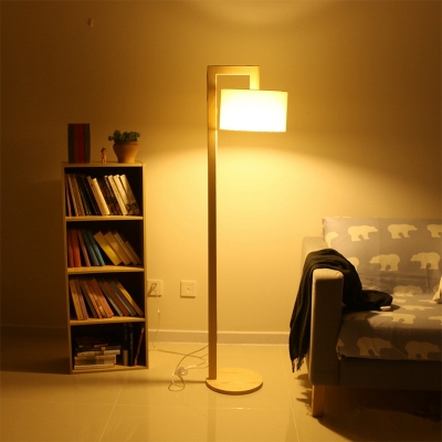 Short Cylinder Fabric Floor Light Simplicity 1-Head Beige Standing Lamp with Wood Square Upright Pole