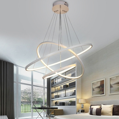 Simple Halo Ring LED Pendant Lighting Acrylic 3-Light Bedroom Hanging Chandelier in Black/White