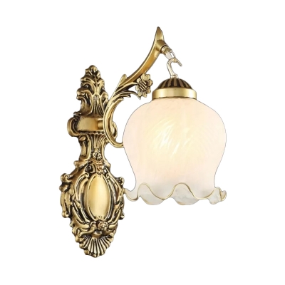 Single-Bulb Frosted Glass Wall Light Traditional White/Bronze Lettuce-Trimmed Bell Foyer Wall Mount Lamp