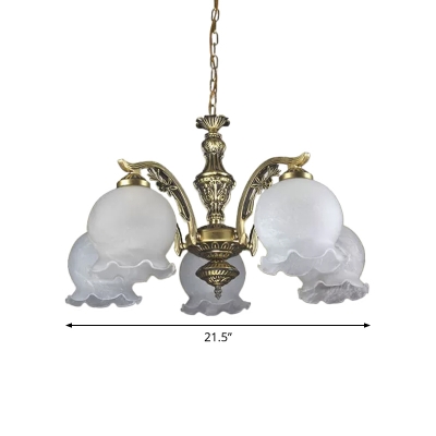 Spherical White Glass Hanging Lamp Traditional 5 Bulbs Living Room Chandelier with Ruffled Trim in Brass