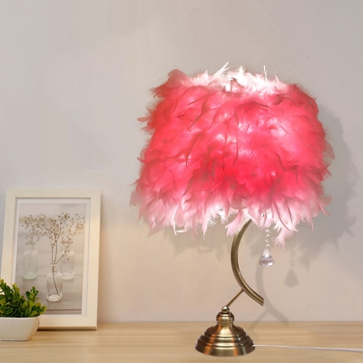 Tapered Feather Night Stand Lamp Nordic 1-Light Pink/White Table Lighting with Crystal Drop