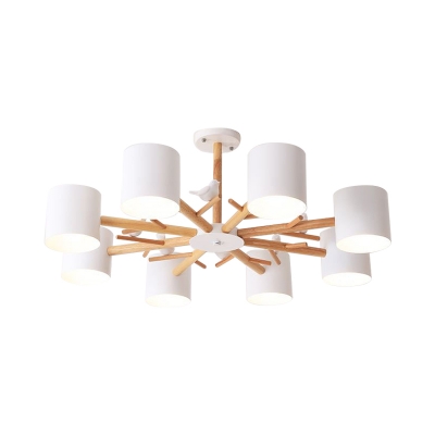 White Branch Semi Flush Light Nordic 3/6/8-Bulb Wooden Ceiling Mount Chandelier with Ball Milky Glass/Cylinder Metal Shade