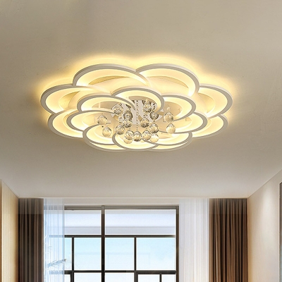 White Layered Flower Ceiling Lamp Modern Acrylic LED Flush Mount Light with Crystal Orb, 20.5