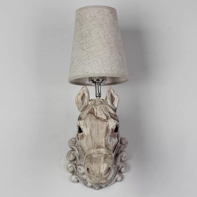 Wood Carved Steed Head Sconce Artistry Single Light Brown Wall Mounted Light with Cone Fabric Shade