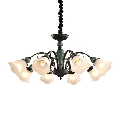 5/6/8-Head Flower Chandelier Lamp Traditional Peacock Green Frosted Ribbed Glass Hanging Light Kit