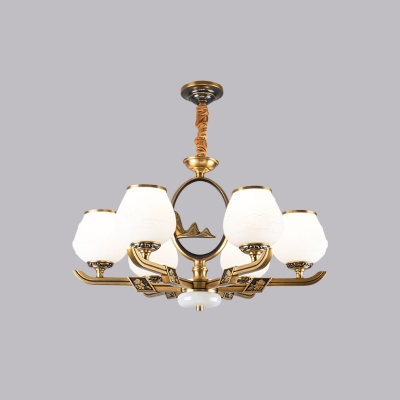 6 Heads White Glass Chandelier Vintage Gold Tulip Bud Shaped Dining Room Suspended Lighting Fixture