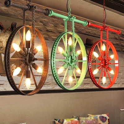 6 Lights Wheel Chandelier Pendant Loft Style Black/Red/Rust Iron Suspended Lighting Fixture