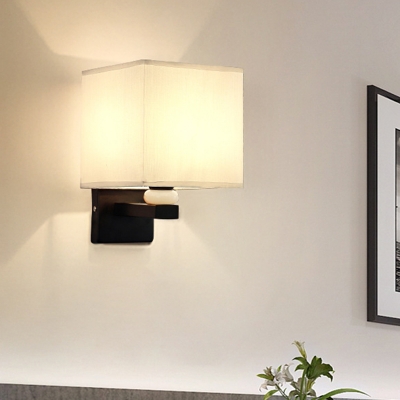 Beige/Coffee/White Square Wall Light Contemporary 1-Light Fabric Sconce Lighting with Ceramic Ornament