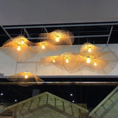 Beige Woven Floppy Hat Pendant Asia 1-Light Bamboo Hanging Ceiling Light for Tearoom, 14