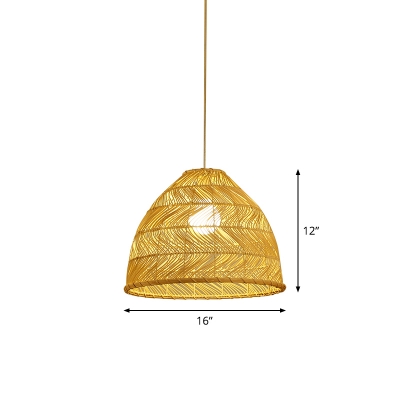 Bell Shaped Restaurant Ceiling Pendant Bamboo Single Asian Hanging Light Fixture in Beige, 16