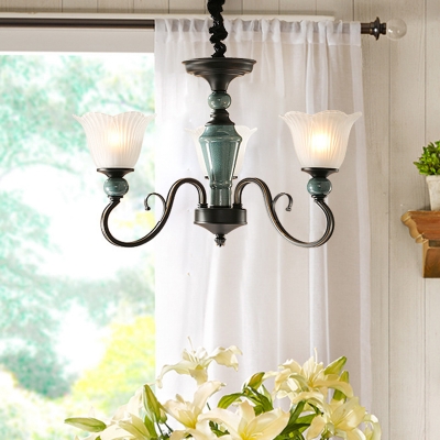 Blackish Green Floral Chandelier Retro Ribbed Frosted Glass 3/8/12-Light Bedroom Hanging Light