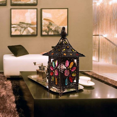 Bohemian Style House Shaped Night Light 1-Bulb Stained Glass Table Lamp in Copper
