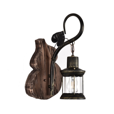 Brown 1 Light Wall Lighting Ideas Lodge Wood Wheel/Pulley/Bracket Wall Mount Lamp with Cage/Lantern Shade