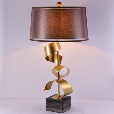 Brown Drum Night Stand Light Modern 1 Bulb Fabric Table Lamp with Foil Ribbon Decoration