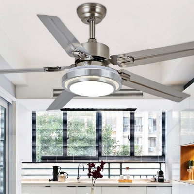 Circle Dining Room Semi Flush Mount Lamp Acrylic Modern 5 Blades LED Ceiling Fan Lighting in Silver/Nickel, 42