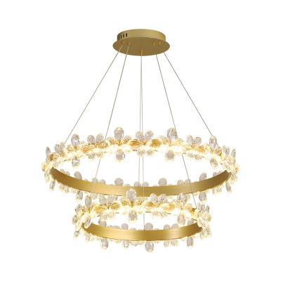 Clear Crystal Floral Ring Chandelier Modernist 2-Light Gold Small/Large Hanging Lamp in Warm/White Light
