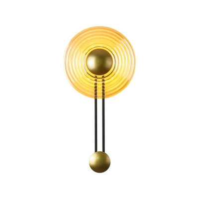 Designer Single Wall Light Sconce Gold Disc Shaped Wall Mounted Lamp with Rippling Amber Glass Shade