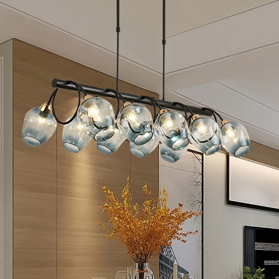 Dimpled Cup Island Light Fixture Modern Blue/Green Gradient Glass 6/8/10 Lights Dining Room Linear Pendant Lamp in Black