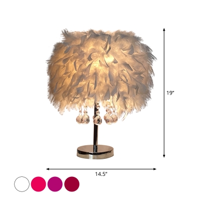 Feather Cylinder Table Lamp Modernist Single Crystal Decorated Nightstand Light in White/Red/Pink with White/Chrome Base