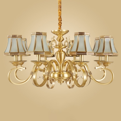 Flared Frosted Glass Chandelier Traditional 6/8/12 Heads Living Room Small/Medium/Large Pendant Light with Scroll Arm in Brass