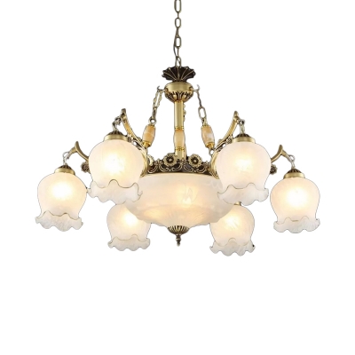 Frosted White Glass Bronze Drop Lamp Semi-Open Flower 9-Light Traditional Style Chandelier Light