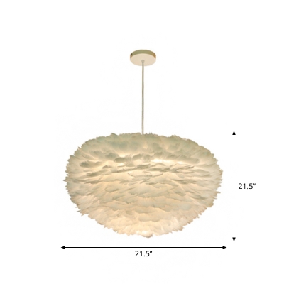 Globe Living Room Pendant Lamp Feather Single Simplicity Suspension Lighting in White, 14