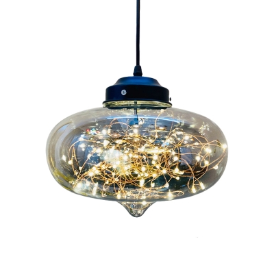 Globe/Oval/Bottle Smoke Glass Hanging Lamp Modern 1 Head Black/Chrome Pendant Lighting with Light String Inside