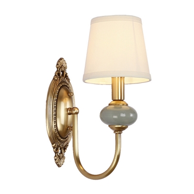 Gold 1/2-Light Wall Lighting Antique Fabric Conical Wall Mount Lamp with Swoop Arm and Ceramic Accent