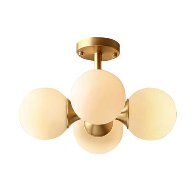 Gold Branching Semi Flush Chandelier Post-Modern 4 Lights White Ball Glass Close to Ceiling Lamp