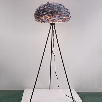 Grey/Pink/White Dome Floor Light Nordic Single-Bulb Feather Stand Up Lamp with Black/White/Gold Tripod